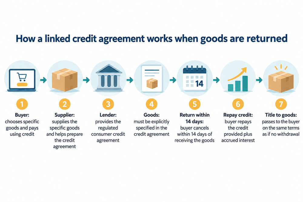 A diagram showing a retailer, a finance company and a buyer, with the credit agreement tied to specific goods