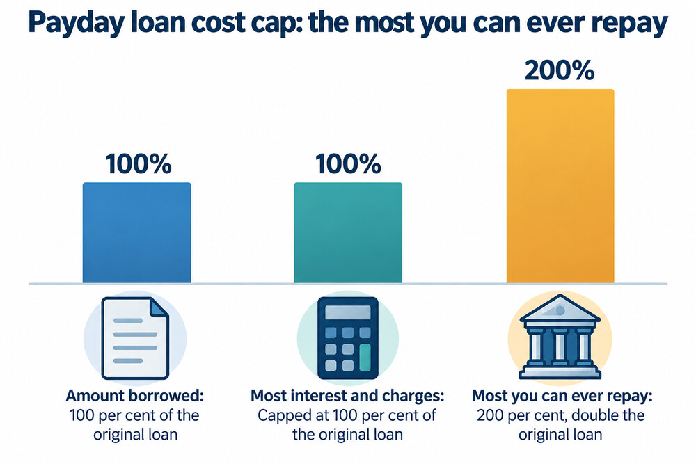 A chart showing how the payday loan cost cap limits total repayment to twice the amount borrowed