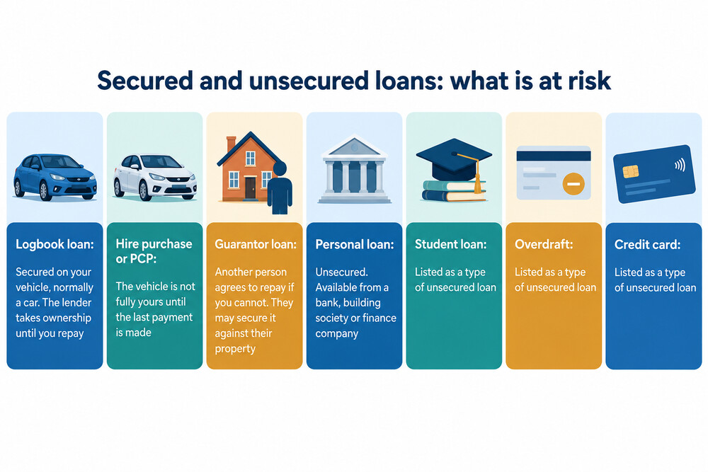 A simple diagram separating secured loans, such as mortgages and logbook loans, from unsecured loans, such as personal loans, credit cards and overdrafts