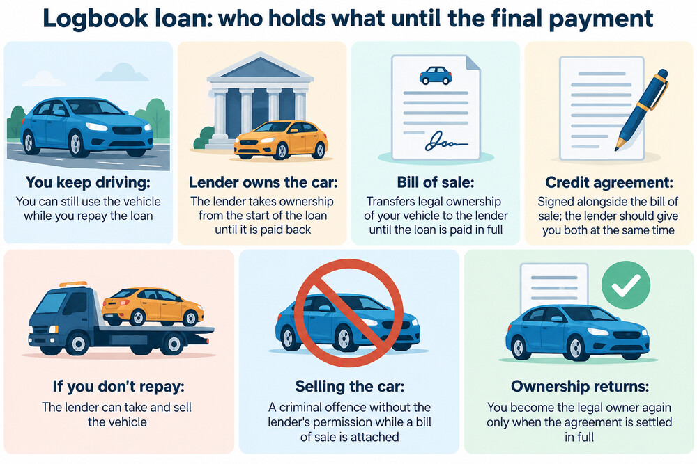 A car owner handing the vehicle logbook to a lender while keeping the car keys