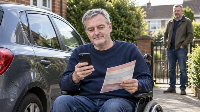 A man in a wheelchair checks a car's logbook and his phone beside a used hatchback on a driveway.