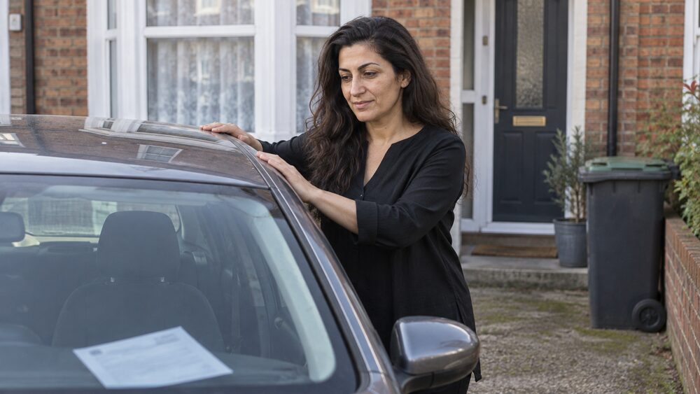 A woman stands beside her small car on a driveway, a letter visible on the dashboard.