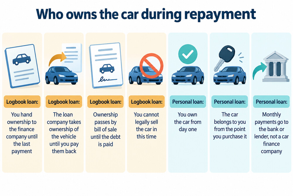 A side-by-side illustration showing a logbook loan, where ownership of the car passes to the lender until the final payment, and a personal loan, where the borrower keeps ownership throughout