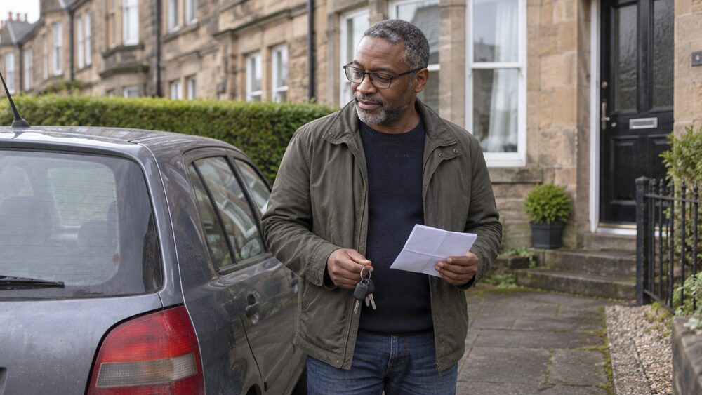A man stands on a driveway beside an older hatchback, holding a letter and car keys.