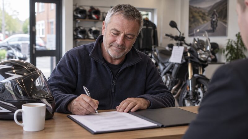 A man sits at a dealership counter signing a finance agreement, with a crash helmet beside him.
