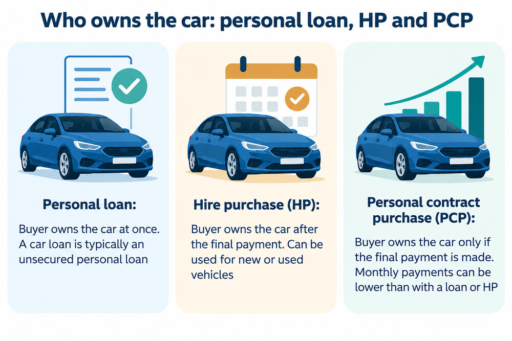 A buyer at a Northern Ireland dealership choosing between hire purchase, PCP and a personal loan to fund a car