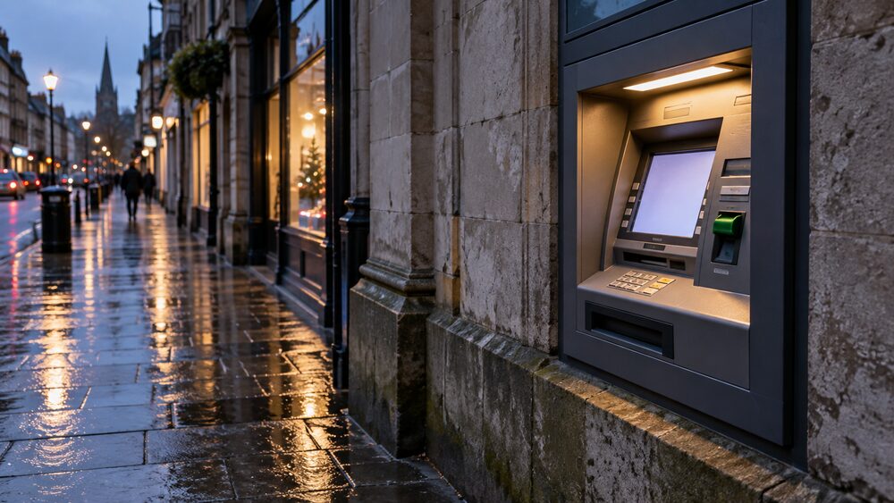 A cash machine glows in a stone bank wall on a wet high street at dusk.