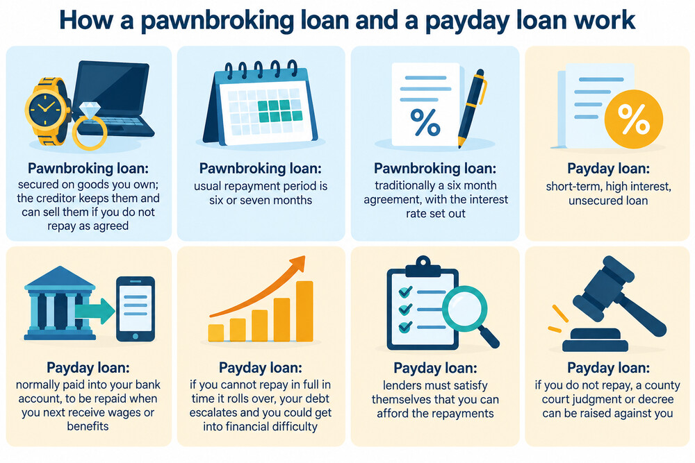 A side-by-side comparison of how a pawnbroking loan and a payday loan work