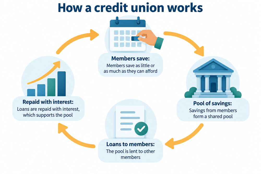 A simple diagram showing how a credit union works: members save, the pool of savings is lent to other members, and loans are repaid with interest