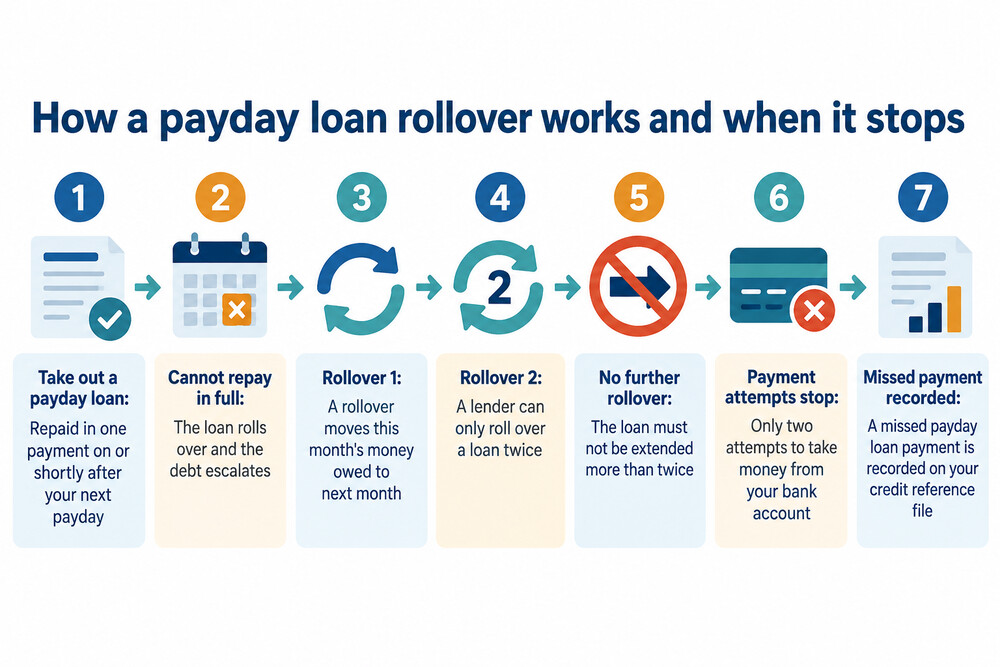 A credit file entry showing a payday loan payment recorded as missed