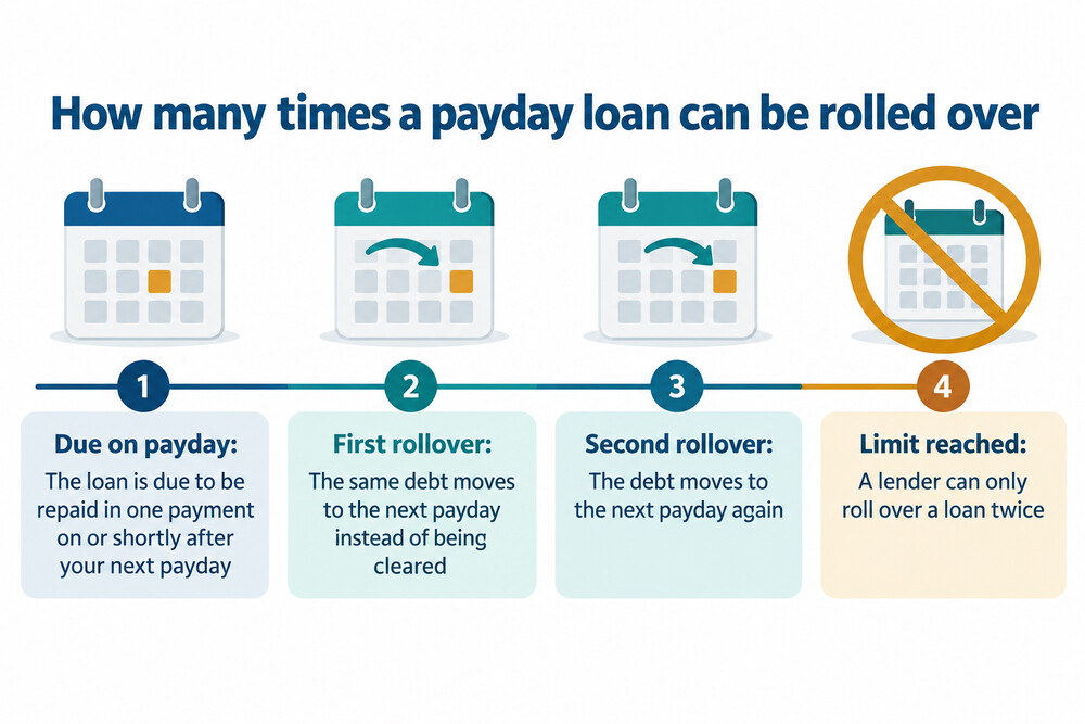 A simple timeline showing a payday loan due on payday, then rolled over to the next payday, then a second time, then the limit reached