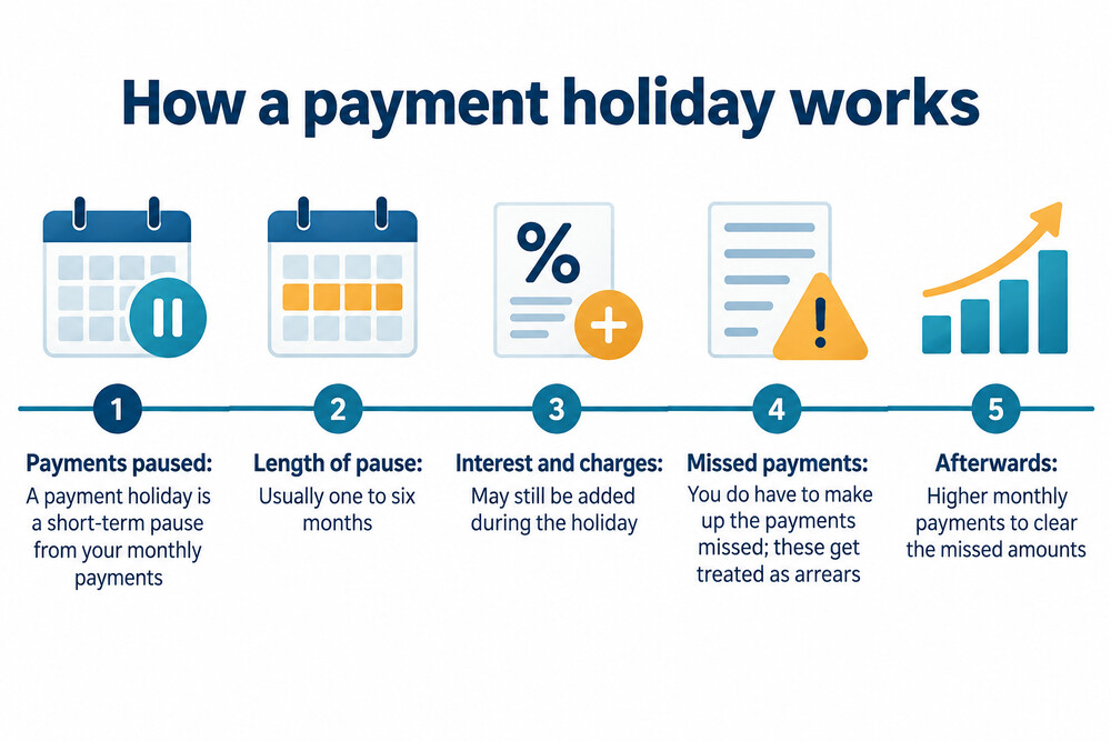 A simple timeline showing a loan payment holiday, with payments paused for a set period and then a higher monthly payment afterwards