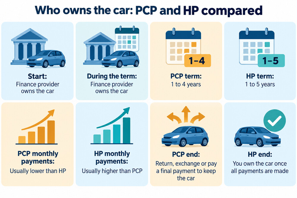 A simple diagram showing who owns the car at each stage of a PCP and an HP agreement
