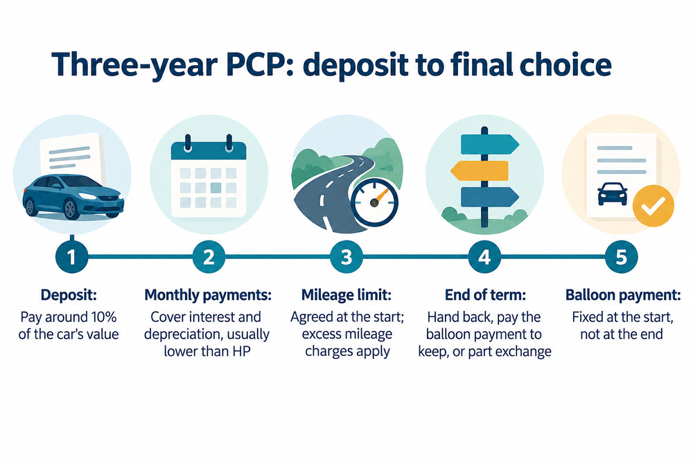 A timeline showing the stages of a three-year PCP agreement from deposit to the final choice