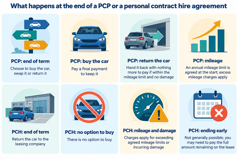 A side-by-side diagram showing what happens at the end of a PCP agreement and a personal contract hire agreement