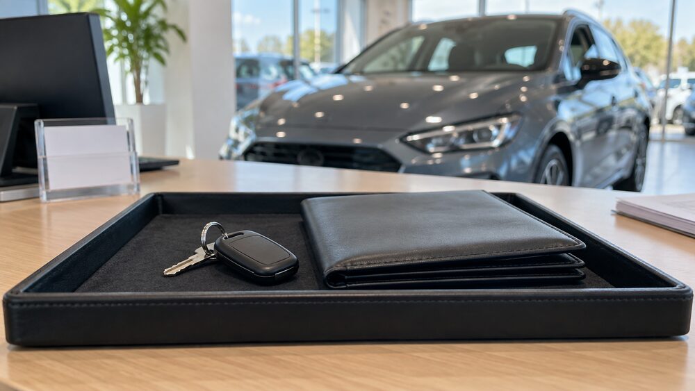 Car keys and a blank document wallet lie on a tray in a bright car showroom.