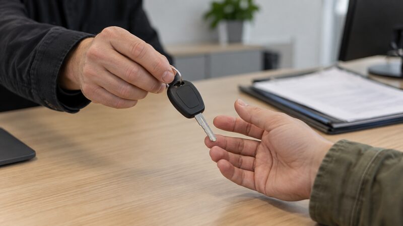 A hand passes a single car key across a desk to another hand, with a blurred folder nearby.