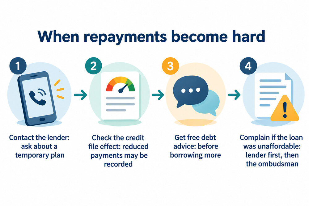 The steps to take when a loan repayment cannot be met, from contacting the lender to getting free advice