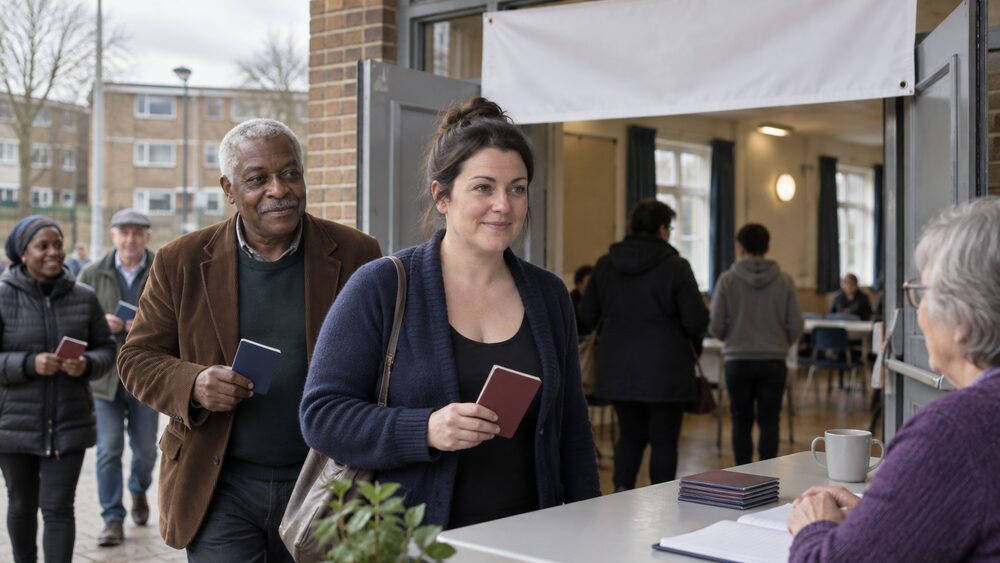 Two neighbours carrying savings booklets walk towards the open doors of a community hall.