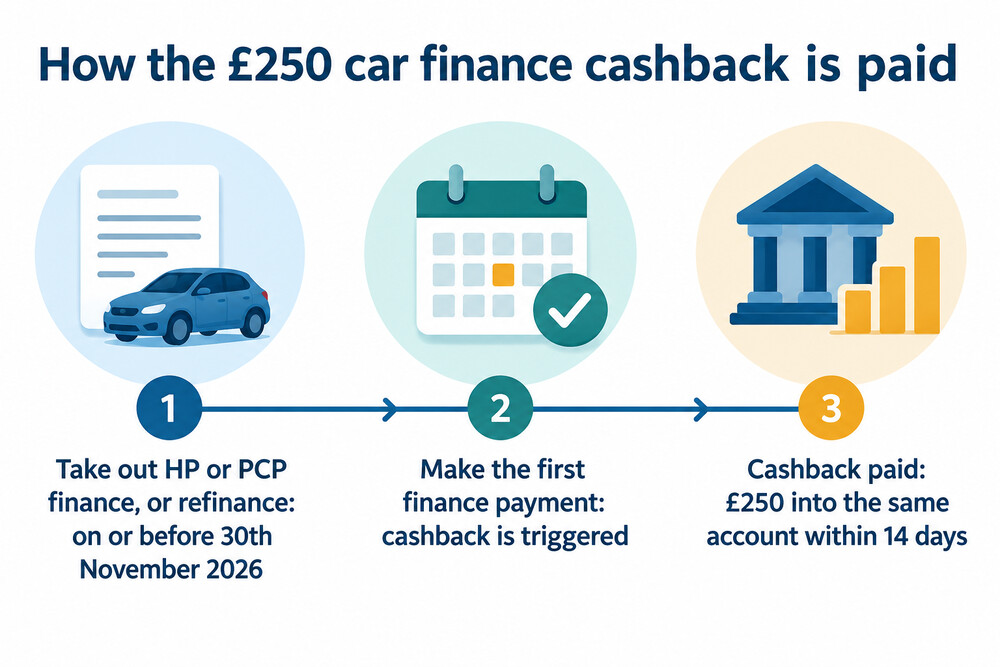 A timeline of the cashback, from taking out finance to the payment arriving
