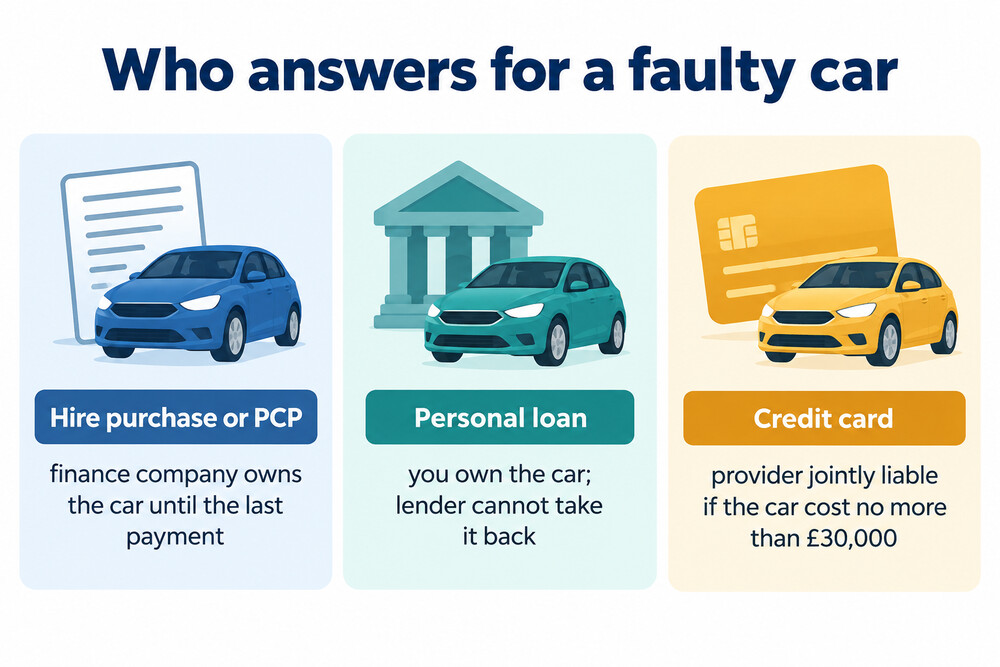 How responsibility for a faulty car differs between hire purchase or PCP, a personal loan and a credit card