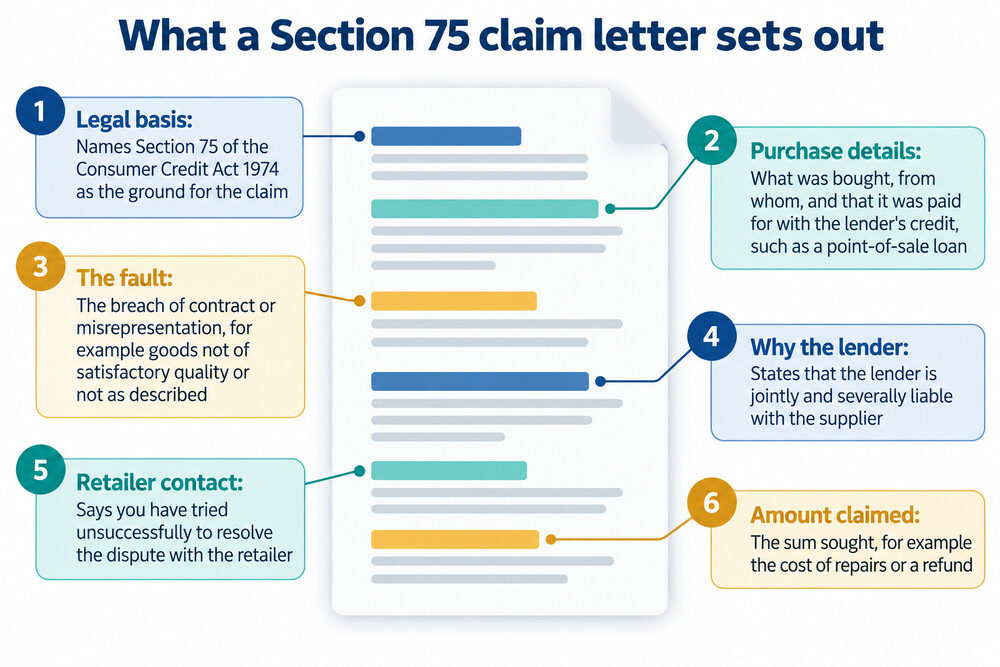 An example of a Section 75 claim letter to a lender, showing the purchase details, the fault and the amount claimed