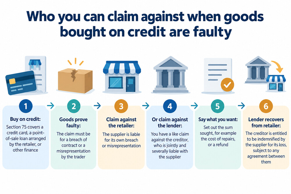 A diagram showing a purchase with three parties: the buyer, the seller and the finance company, with the claim running to both the seller and the lender