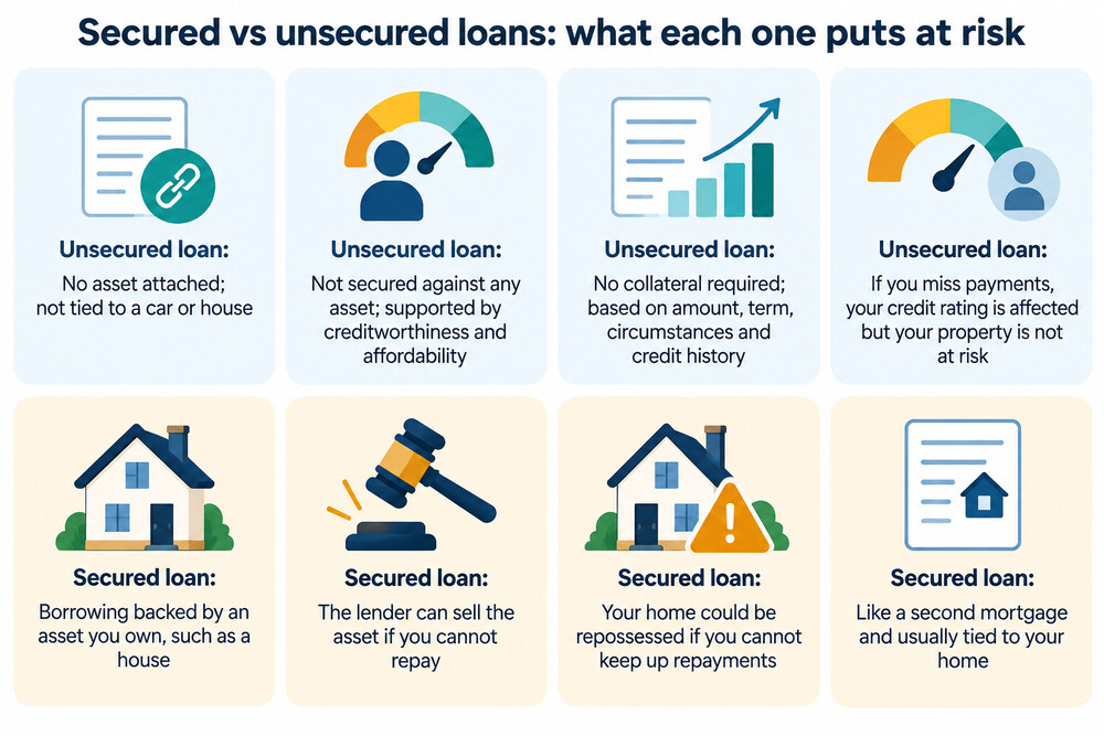 A side-by-side diagram showing an unsecured loan with no asset attached and a secured loan with a legal claim on a house