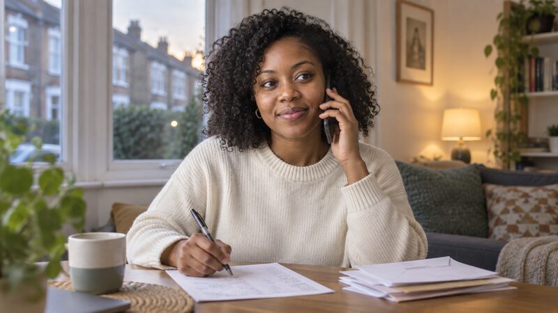 A woman sits at a table on a phone call with a budget sheet and envelopes.