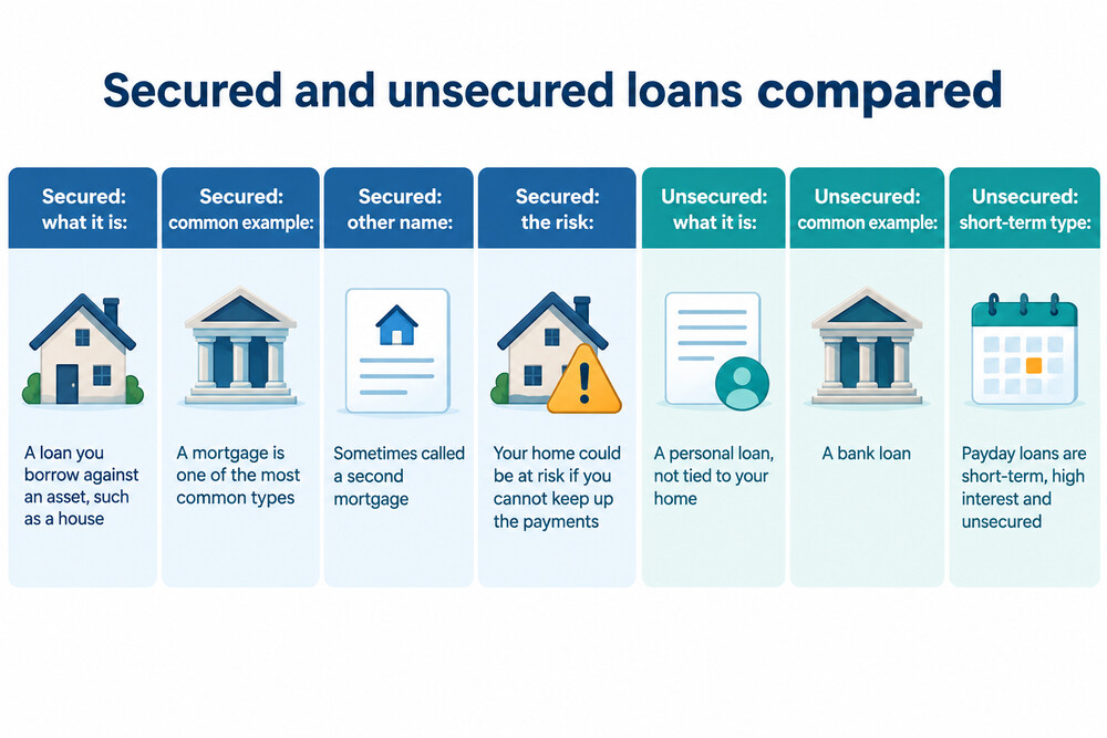A diagram showing a secured loan tied to a house on one side and an unsecured loan standing alone on the other