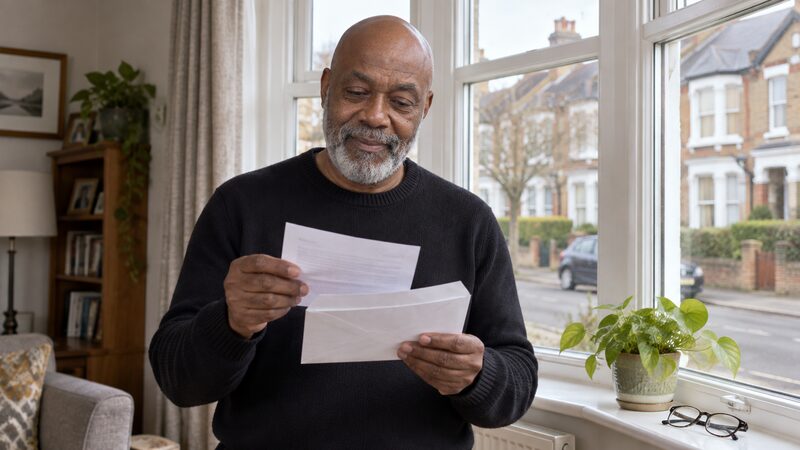 A man stands at a window reading a letter, glasses on the windowsill.