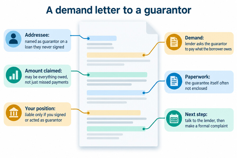 A letter from a lender addressed to someone named as guarantor on a loan