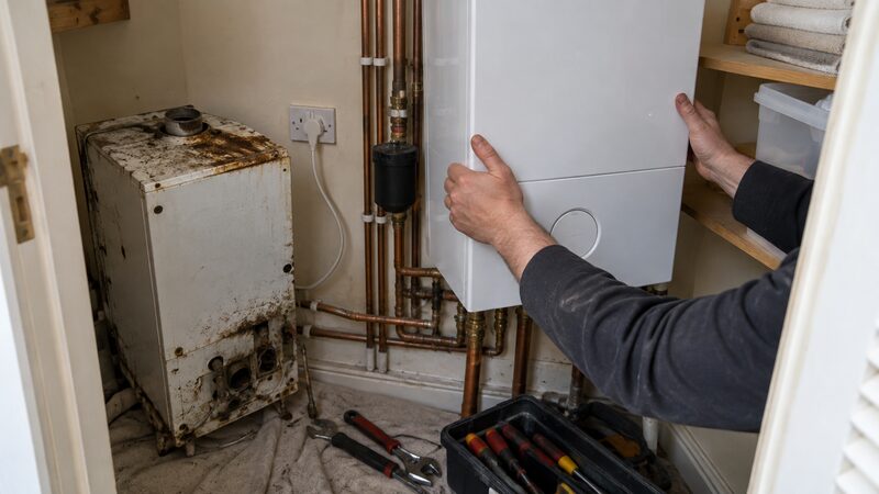 A broken boiler being replaced, an example of the one-off cost a Budgeting Loan is designed to cover