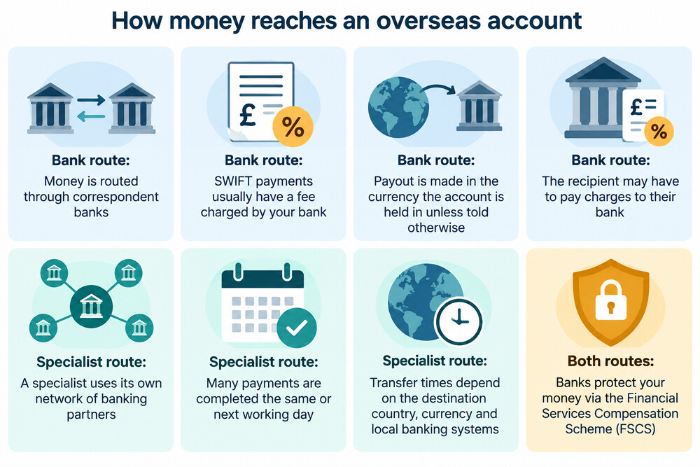 A comparison of how a bank transfer and a specialist transfer reach an overseas account