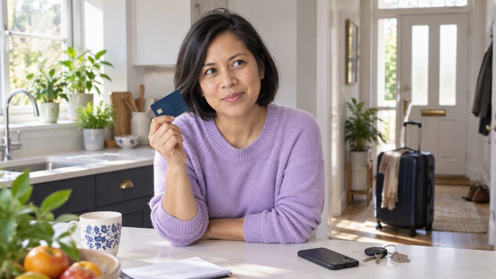 A woman holds her bank card at a kitchen island with a packed suitcase by the door.
