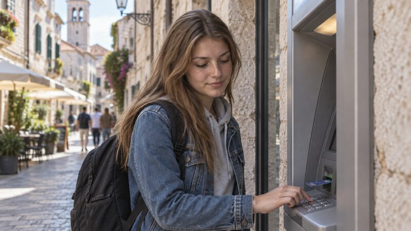 A woman stands at a cash machine abroad, card inserted, hand on keypad.