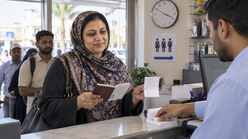 A woman shows her passport and a reference slip to an agent at a counter abroad.