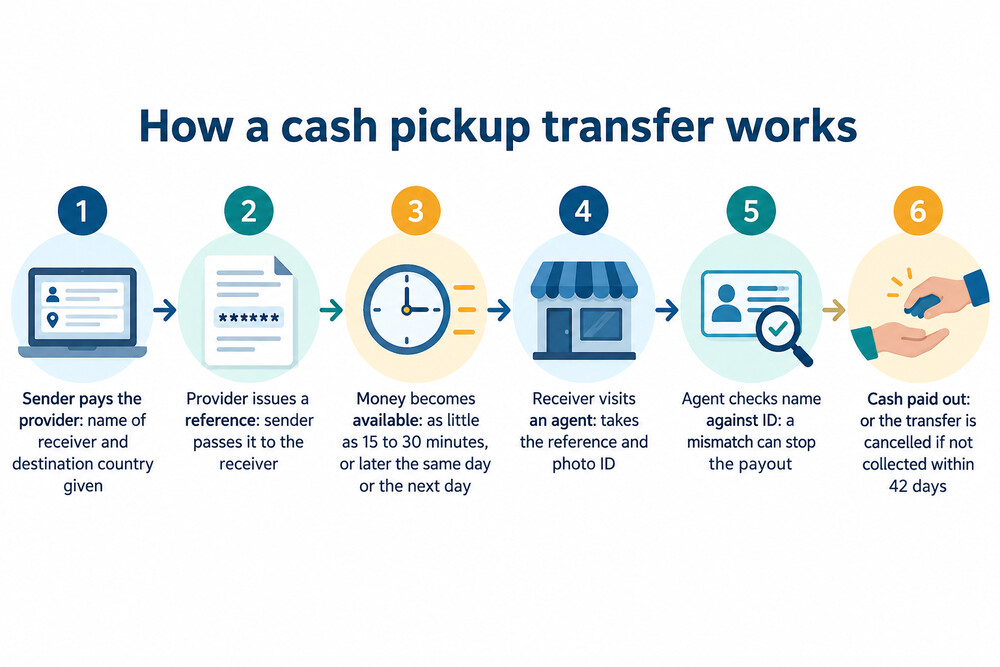 How a cash pickup transfer moves from sender to receiver