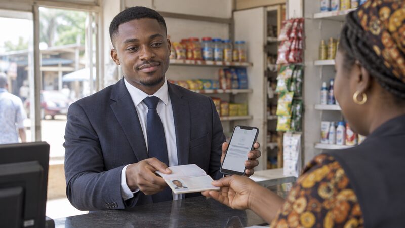 A man hands his passport to an agent at a shop counter abroad, phone in hand.