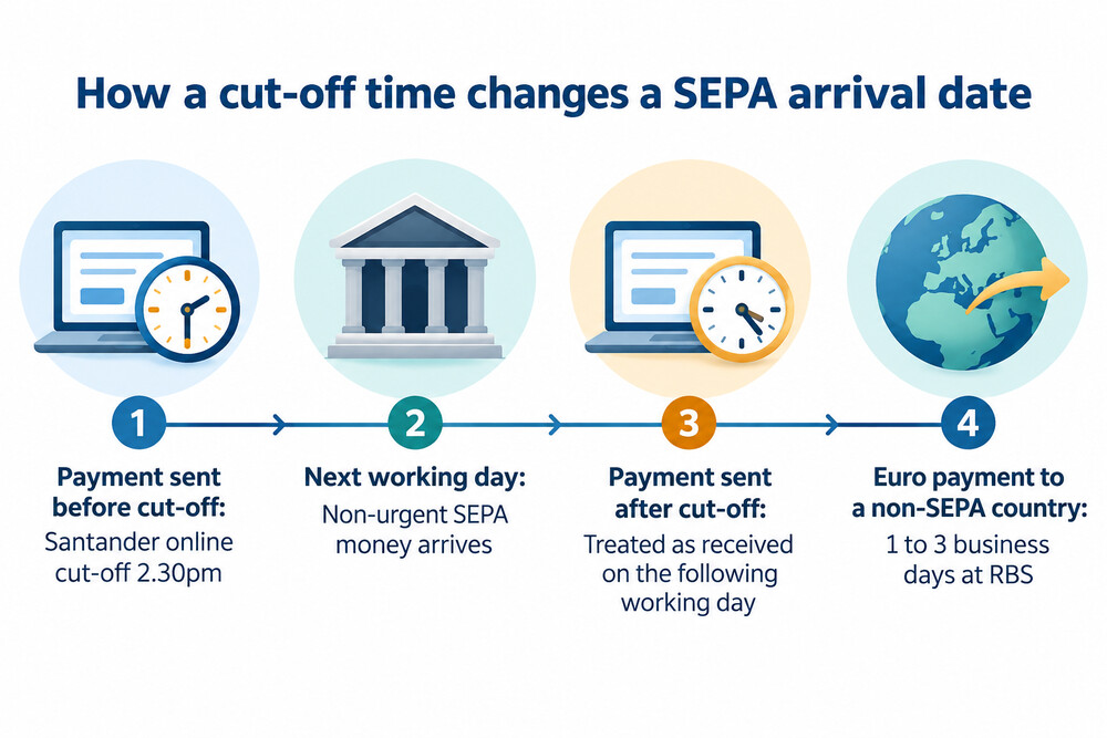A timeline diagram showing a SEPA payment instructed before and after a 2.30pm cut-off, and the working day on which each arrives
