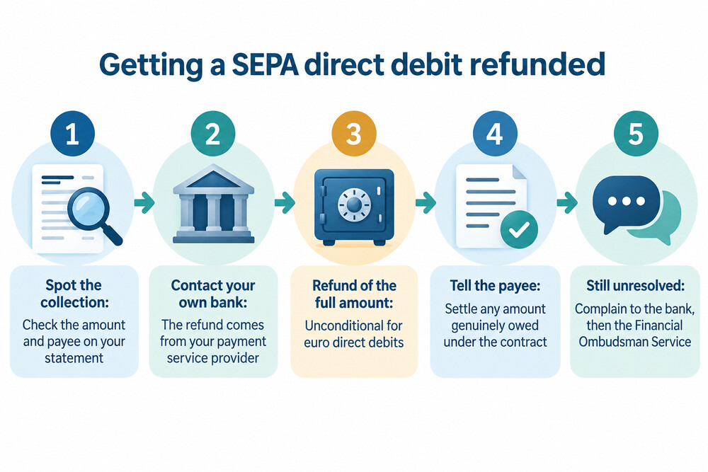 A flow diagram showing the steps to claim a refund on a euro direct debit taken wrongly