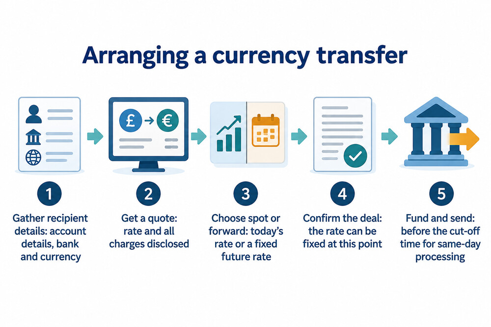 A flow showing the steps of arranging a currency transfer, from getting a quote to the money arriving