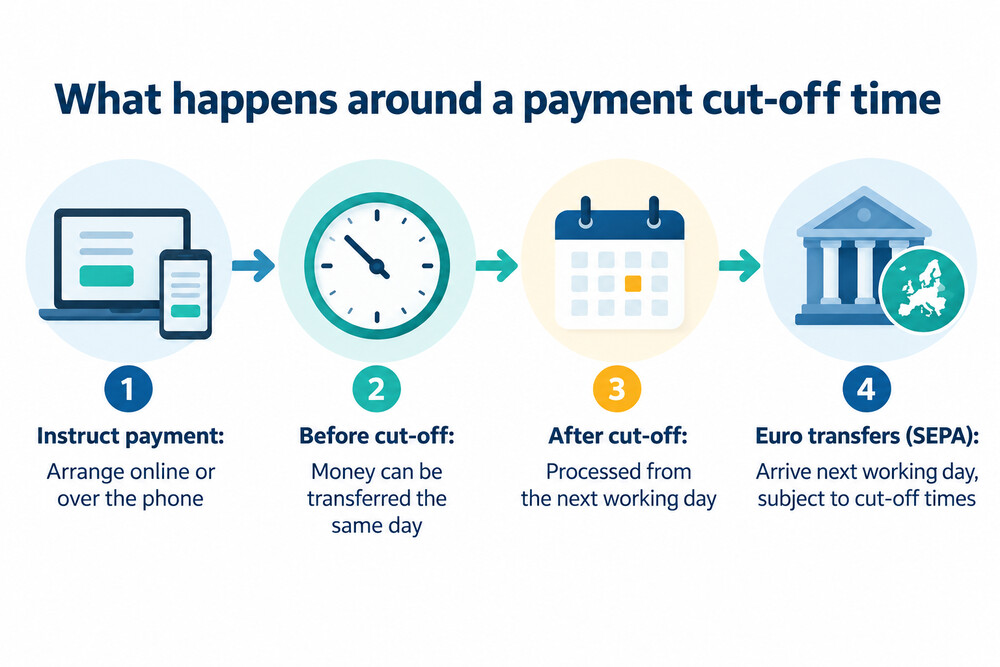 A calendar showing a payment's cut-off time and the working days a cross-border transfer takes to arrive