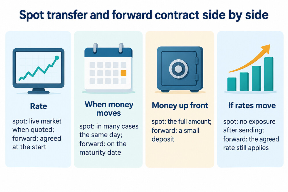 Side-by-side comparison of a spot transfer and a forward contract