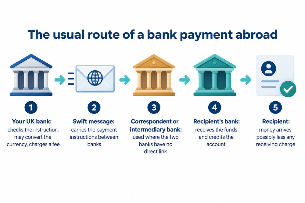 A payment leaving a UK bank, passing through a correspondent bank and arriving at a bank abroad