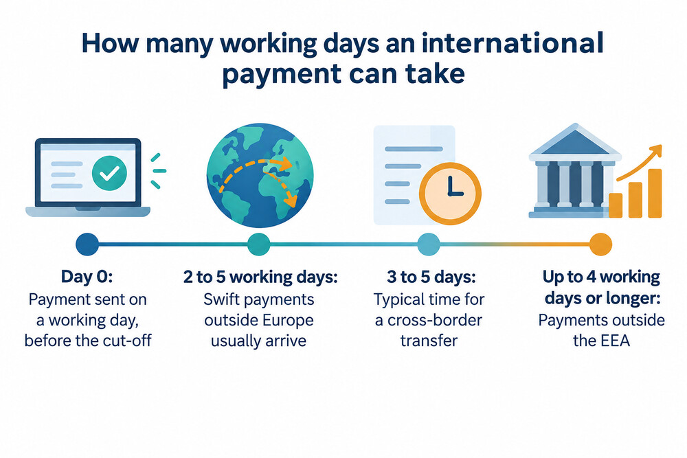 A timeline image showing the stages of an international payment from instruction to arrival, with working days marked
