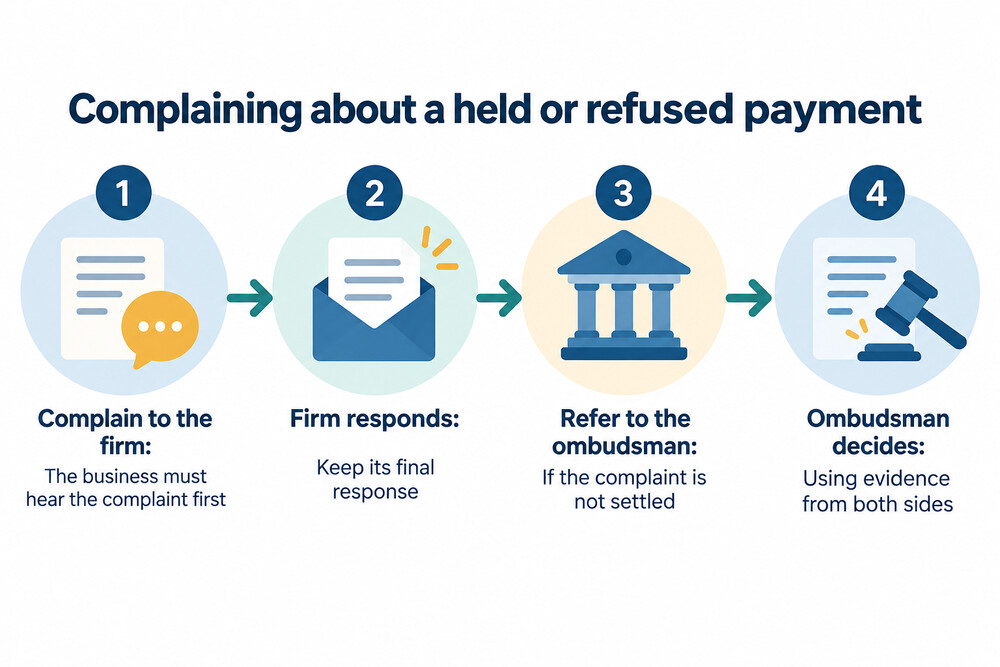 Diagram of the complaints route from contacting the payment firm to receiving its final response and then referring the complaint to the Financial Ombudsman Service