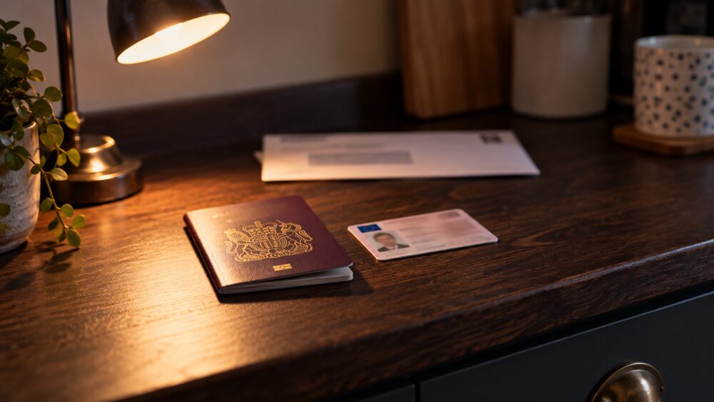 A passport and a driving licence lie side by side on a dark counter under a desk lamp.