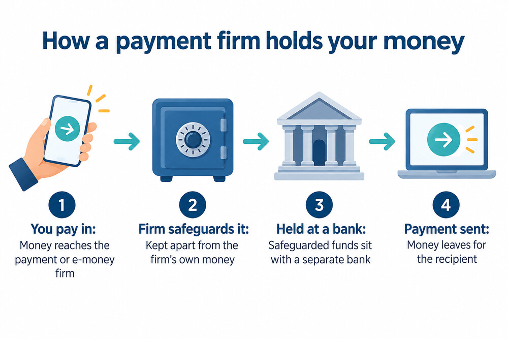 Diagram showing a customer's money moving from their account into a payment firm's separate safeguarding account at a bank, then out to the recipient