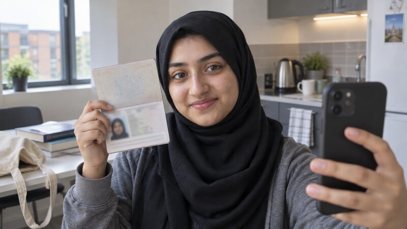 A student in a hall kitchenette takes a selfie with her passport to verify a money transfer account.